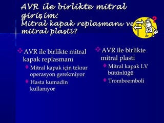 AVR ile birlikte mitralAVR ile birlikte mitral
giri im:şgiri im:ş
Mitral kapak replasmanı veyaMitral kapak replasmanı veya
mitral plasti?mitral plasti?
AVR ile birlikte mitralAVR ile birlikte mitral
kapak replasmanıkapak replasmanı
Mitral kapak için tekrarMitral kapak için tekrar
operasyon gerekmiyoroperasyon gerekmiyor
Hasta kumadinHasta kumadin
kullanıyorkullanıyor
AVR ile birlikteAVR ile birlikte
mitral plastimitral plasti
Mitral kapak LVMitral kapak LV
bütünlüğübütünlüğü
TromboemboliTromboemboli
 