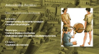 Antecedentes Sociales: Clases de poblaciones del Imperio Coloniae:  asentamientos de reciente fundación Gozaban de privilegios Municipia: Centros tribales importantes Disfrutaban solo una parte la ciudadanía romana Civiates:  Capitales de mercado 