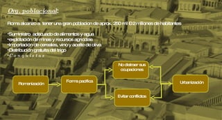 Org. poblacional : Roma alcanzo a  tener una gran poblacion de aprox. 250 mil – 2 millones de habitantes Suministro  adecuado de alimentos y agua explotación de minas y recursos agricolas Importación de cereales, vino y aceite de oliva Distribución gratuita del trigo C o n q u i s t a s Romanización Forma  pacifica No distraer sus ocupaciones Evitar   conflictos Urbanización 