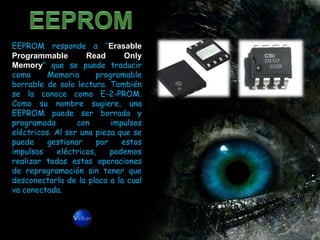 EEPROM responde a “Erasable
Programmable        Read       Only
Memory” que se puede traducir
como     Memoria       programable
borrable de solo lectura. También
se la conoce como E-2-PROM.
Como su nombre sugiere, una
EEPROM puede ser borrada y
programada        con      impulsos
eléctricos. Al ser una pieza que se
puede     gestionar    por    estos
impulsos    eléctricos,    podemos
realizar todas estas operaciones
de reprogramación sin tener que
desconectarla de la placa a la cual
va conectada.
 