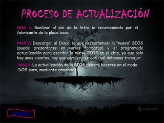 PASO 1: Realizar al pie de la letra lo recomendado por el
  fabricante de la placa base.

  PASO 2: Descargar al Disco, lo que necesitamos: la "nueva" BIOS
  (puede presentarse en varios formatos) y el programade
  actualización para escribir la nueva BIOS en el chip, ya que solo
  hay unos cuantos, hay que cerciorarse con cual debemos trabajar.
   PASO 3: La actualización de la BIOS deberá hacerse en el modo
   DOS puro, mediante comandos.




SIGUIENTE
 
