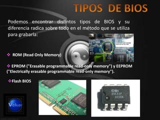 Podemos encontrar distintos tipos de BIOS y su
diferencia radica sobre todo en el método que se utiliza
para grabarla:


 ROM (Read Only Memory)

 EPROM ("Erasable programmable read-only memory") y EEPROM
("Electrically erasable programmable read-only memory").

Flash BIOS
 