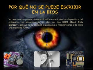 Ya que sirve de puente de comunicación entre todos los dispositivos del
ordenador, se almacena en un chip del tipo ROM (Read Only
Memory), así que no se resetea al apagarse el monitor como sí lo haría
una memoria RAM.
                                   V
                                   O
                                   L
                                   V
                                   E
                                   R
 