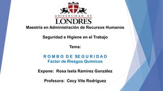 Maestría en Administración de Recursos Humanos
Seguridad e Higiene en el Trabajo
Tema:
R O M B O D E SE G U R I D A D
Factor de Riesgos Químicos
Expone: Rosa Isela Ramírez González
Profesora: Cecy Vite Rodríguez
 