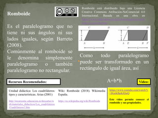 Recursos Recomendados:
Unidad didáctica: Los cuadriláteros:
tipos y características. Arias (2001)
http://recursostic.educacion.es/descartes/w
eb/materiales_didacticos/Los_cuadrilateros
/Cuadrilateros1.htm
Wiki: Romboide (2018). Wikimedia
España.
https://es.wikipedia.org/wiki/Romboide
https://www.youtube.com/watch?v
=DcuKBpKIQuQ
Este video permite conocer el
romboide y sus propiedades.
Video:
Romboide
Es el paralelogramo que no
tiene ni sus ángulos ni sus
lados iguales, según Barreto
(2008).
Comúnmente al romboide se
le denomina simplemente
paralelogramo o también
paralelogramo no rectangular.
Como todo paralelogramo
puede ser transformado en un
rectángulo de igual área, así
A=b*h
Romboide está distribuido bajo una Licencia
Creative Commons Atribución-NoComercial 4.0
Internacional. Basada en una obra en
https://www.slideshare.net/juliobarretogarcia/romb
oide-cc-julio-barreto
 