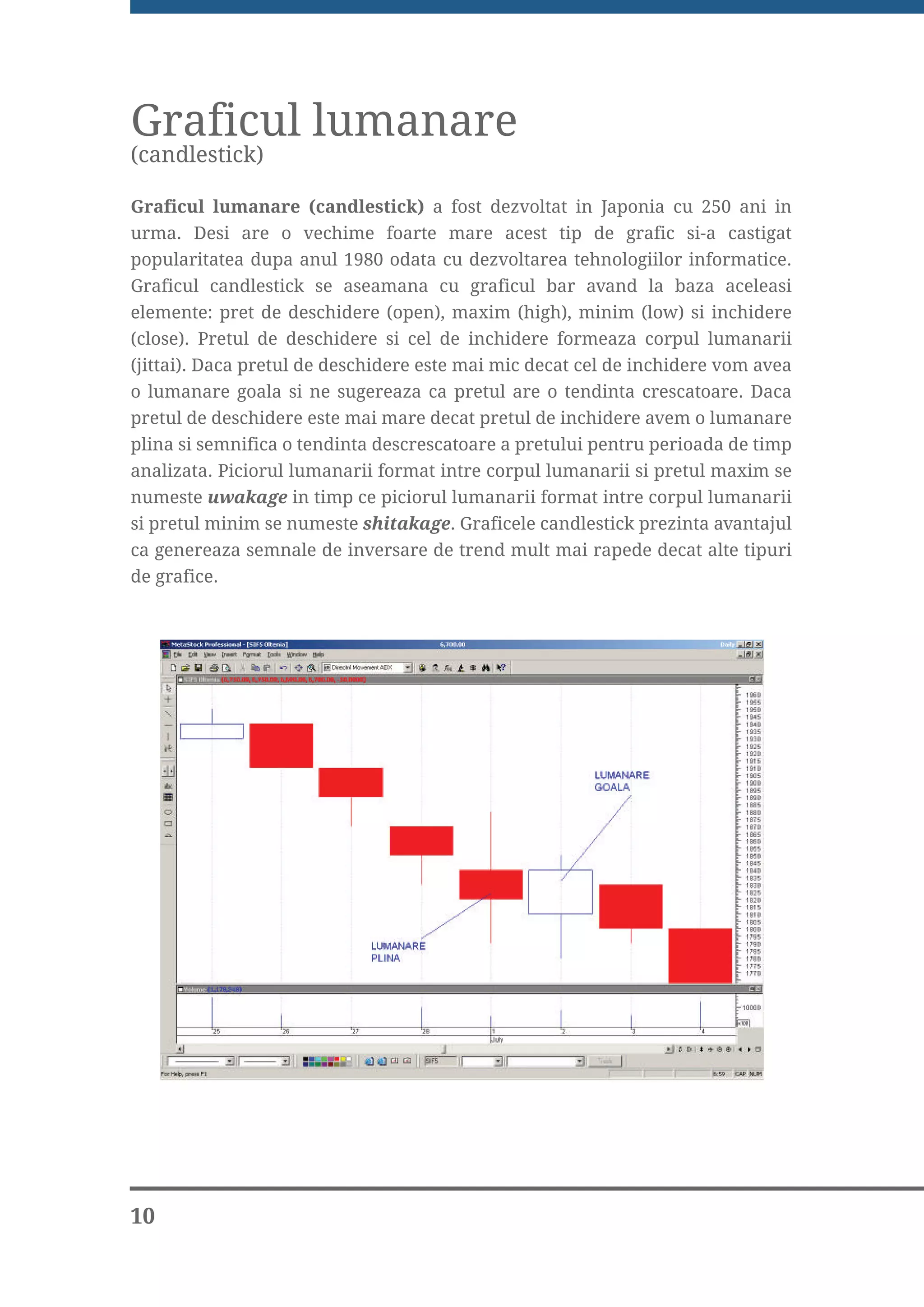 Graficul lumanare
(candlestick)

Graficul lumanare (candlestick) a fost dezvoltat in Japonia cu 250 ani in
urma. Desi are o vechime foarte mare acest tip de grafic si-a castigat
popularitatea dupa anul 1980 odata cu dezvoltarea tehnologiilor informatice.
Graficul candlestick se aseamana cu graficul bar avand la baza aceleasi
elemente: pret de deschidere (open), maxim (high), minim (low) si inchidere
(close). Pretul de deschidere si cel de inchidere formeaza corpul lumanarii
(jittai). Daca pretul de deschidere este mai mic decat cel de inchidere vom avea
o lumanare goala si ne sugereaza ca pretul are o tendinta crescatoare. Daca
pretul de deschidere este mai mare decat pretul de inchidere avem o lumanare
plina si semnifica o tendinta descrescatoare a pretului pentru perioada de timp
analizata. Piciorul lumanarii format intre corpul lumanarii si pretul maxim se
numeste uwakage in timp ce piciorul lumanarii format intre corpul lumanarii
si pretul minim se numeste shitakage. Graficele candlestick prezinta avantajul
ca genereaza semnale de inversare de trend mult mai rapede decat alte tipuri
de grafice.




10
 
