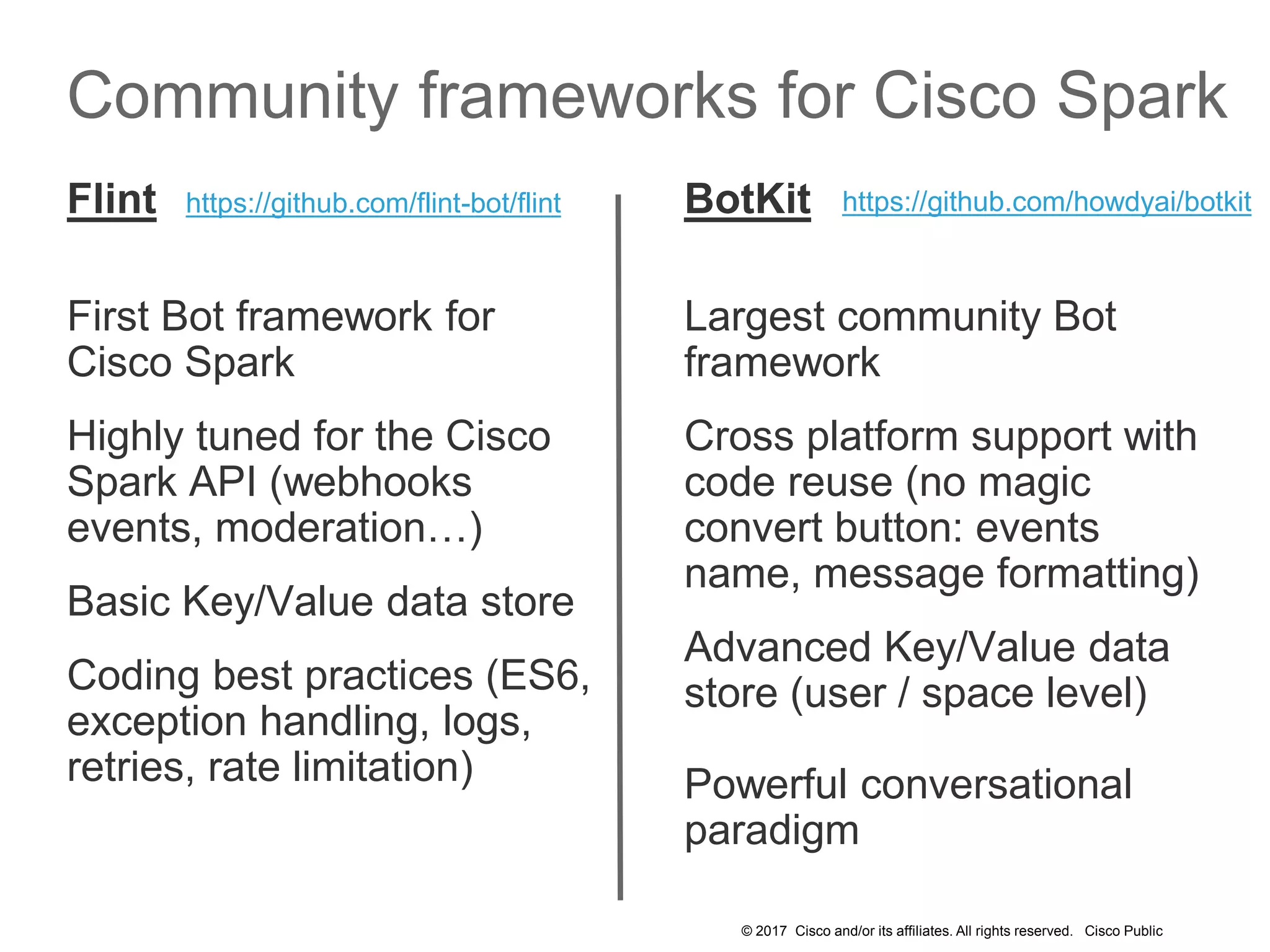 © 2017 Cisco and/or its affiliates. All rights reserved. Cisco Public
Community frameworks for Cisco Spark
Flint
First Bot framework for
Cisco Spark
Highly tuned for the Cisco
Spark API (webhooks
events, moderation…)
Basic Key/Value data store
Coding best practices (ES6,
exception handling, logs,
retries, rate limitation)
BotKit
Largest community Bot
framework
Cross platform support with
code reuse (no magic
convert button: events
name, message formatting)
Advanced Key/Value data
store (user / space level)
Powerful conversational
paradigm
https://github.com/flint-bot/flint https://github.com/howdyai/botkit
 