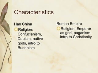 Characteristics Han China Religion: Confucianism, Daoism, native gods, intro to Buddhism Roman Empire Religion: Emperor as god, paganism, intro to Christianity 