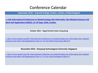 Conference Calendar
September 2016 – Imperial College London, London, United Kingdom
» 11th International Conference on Biotechnology, Bio Informatics, Bio Medical Sciences and
Stem Cell Applications (B3SC), 21-22 Sept, 2016, London
October 2016 – Regal Oriental Hotel, Hong Kong
» http://www.iaphlsr.org/6th-international-conference-on-biotechnology-bio-informatics-bio-medical-
sciences-and-stem-cell-applications-b3sc-21-22-oct-2016-hong-kong-about-9
November 2016 - Nanyang Technological University, Singapore
» http://www.iaphlsr.org/7th-international-conference-on-biotechnology-bio-informatics-bio-medical-
sciences-and-stem-cell-applications-b3sc-11-12-nov-2016-singapore-about-3
 