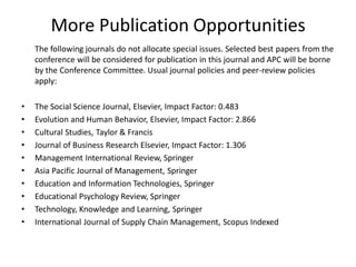 More Publication Opportunities
The following journals do not allocate special issues. Selected best papers from the
conference will be considered for publication in this journal and APC will be borne
by the Conference Committee. Usual journal policies and peer-review policies
apply:
• The Social Science Journal, Elsevier, Impact Factor: 0.483
• Evolution and Human Behavior, Elsevier, Impact Factor: 2.866
• Cultural Studies, Taylor & Francis
• Journal of Business Research Elsevier, Impact Factor: 1.306
• Management International Review, Springer
• Asia Pacific Journal of Management, Springer
• Education and Information Technologies, Springer
• Educational Psychology Review, Springer
• Technology, Knowledge and Learning, Springer
• International Journal of Supply Chain Management, Scopus Indexed
 
