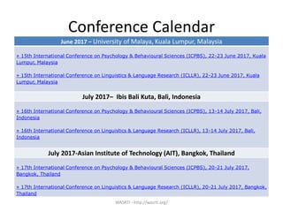 Conference Calendar
WASRTI - http://wasrti.org/
June 2017 – University of Malaya, Kuala Lumpur, Malaysia
» 15th International Conference on Psychology & Behavioural Sciences (ICPBS), 22-23 June 2017, Kuala
Lumpur, Malaysia
» 15th International Conference on Linguistics & Language Research (ICLLR), 22-23 June 2017, Kuala
Lumpur, Malaysia
July 2017– Ibis Bali Kuta, Bali, Indonesia
» 16th International Conference on Psychology & Behavioural Sciences (ICPBS), 13-14 July 2017, Bali,
Indonesia
» 16th International Conference on Linguistics & Language Research (ICLLR), 13-14 July 2017, Bali,
Indonesia
July 2017-Asian Institute of Technology (AIT), Bangkok, Thailand
» 17th International Conference on Psychology & Behavioural Sciences (ICPBS), 20-21 July 2017,
Bangkok, Thailand
» 17th International Conference on Linguistics & Language Research (ICLLR), 20-21 July 2017, Bangkok,
Thailand
 