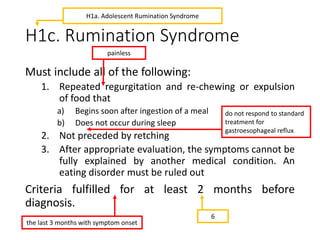 H1c. Rumination Syndrome
Must include all of the following:
1. Repeated regurgitation and re-chewing or expulsion
of food that
a) Begins soon after ingestion of a meal
b) Does not occur during sleep
2. Not preceded by retching
3. After appropriate evaluation, the symptoms cannot be
fully explained by another medical condition. An
eating disorder must be ruled out
Criteria fulfilled for at least 2 months before
diagnosis.
H1a. Adolescent Rumination Syndrome
painless
do not respond to standard
treatment for
gastroesophageal reflux
the last 3 months with symptom onset
6
 