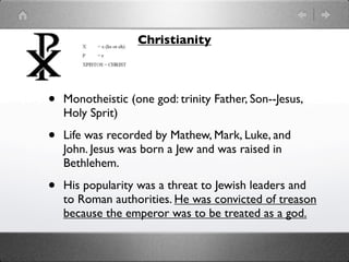 Decline of Rome

•   Long period of decline

•   Example: at one point they had 22 emperors over
    a 50 year period, 20 died violently

•   Persians and Germans move into empire

•   Hired Germanic soldiers = who had no loyalty to
    Rome and did not understand tradition

•   Overall decline in society, morals, education,
    business
 