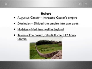 Roman Legal
                Accomplishments
                   continued

•   The Founding Fathers of America planned our
    government and copied many Roman elements.
    Like the Romans, we elect our leaders: the
    congress, governors, mayors, etc. The president;
    however, is not elected. The electoral college, a
    group of electors from each state choose the
    president. The supreme court is appointed by the
    president. Like the Romans our government has
    three branches-the president, congress, and courts.
 