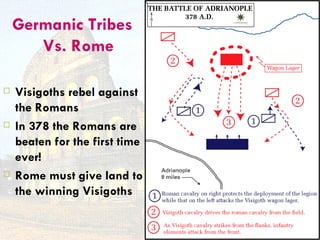 Germanic Tribes
       Vs. Rome

   Visigoths rebel against
    the Romans
   In 378 the Romans are
    beaten for the first time
    ever!
   Rome must give land to
    the winning Visigoths
 