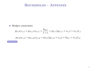 Households - Appendix
Budget constraints
pT,1cT,i,1 + pN,i,1cN,i,1 +
bM,i
1 + i
= pT,1 (yT,i,1 + si,1) + wi,1li,1
pT,2cT,i,2 + pN,i,2cN,i,2 = pT,2 (yT,i,2 + si,2) + bM,i + wi,2li,2
Households
62
 