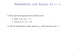 Borrowing and Saving at t = 1
Ex-ante heterogeneity in initial assets
Debt in H: bH,1 < 0
Assets in F: bF,1 > 0
Fiscal authorities trade assets bi,2 with interest rate ri
23
 