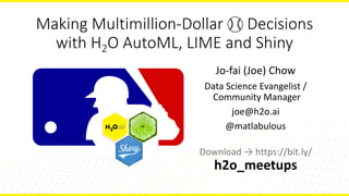 Making	Multimillion-Dollar						Decisions	
with	H2O	AutoML,	LIME	and	Shiny
Jo-fai	(Joe)	Chow
Data	Science	Evangelist	/
Community	Manager
joe@h2o.ai
@matlabulous
Download	→	https://bit.ly/
h2o_meetups
 