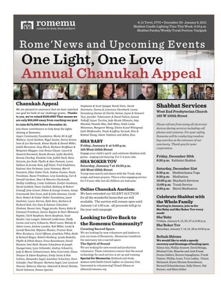 4-11 Tevet, 5772 • December 30- January 6, 2011
                                                                                                    Shabbat Candle Lighting Time This Week: 4:19 p.m.
                                                                                                      Shabbat Parsha/Weekly Torah Portion: Vayigash



  Rome'News and Upcoming Events




Chanukah Appeal                                         A,$#:0%+$&4&A8(,,&A#+$N$39&J0%/+&A,$+%9 ;0<+/&             Shabbat Services
!"#$%"#&'"$(")#*+#$,,+-,."#*/$*#0"#/$1"#2$*./")#        A,$+%)$,=9&;(%%0&4&?0I2$%8$&A,$2%C08:9&?$(%0&
+-%#3+$'#4+%#5+*/#+4#+-%#./$''",3"#3%$,*(6##!"#$%&'     A,20""C$2NFA,$+%$2&4&':023+$&A,$+%$29&50-%$&4&H(I02/&      West End Presbyterian Church
()'*)+,'we've raised $120,000! That means we            M$029&5$%%+6$2&M(C$+%",$+%&4&;0<+/&K(3"(%9&5(0%%$&         165 W 105th Street
are only $55,000 away from reaching our goal            M(3B(669&A*"0%&M*28:+%9&50/$&Q+8(3$&T33)0%%9&!)-&
to raise $175,000 before December 31. '                 708:,$39&K0)$30&70S9&H03+&7$+""9&.0+,:&?+%/0&              Please refrain from using all electronic
7+8,#*/"("#.+,*%85-*+%(#*+#/"'&#9""&#*/"#'83/*(#        7$+"")0%9&102N02$,&7$%+N9&L30+%$&4&5($3&7+%(N20/9&         devices during services including cell
(/8,8,3#$*#:+2"2-;                                      G03+,&7(36$%"(:%9&K0*30&4&5$662$-&R(2)0B9&J+"0&4&          phones and cameras. For your safety,
                                                        J(30%/&R(*%N9&!/0)&R*B$3"(%&0%/&!/+%0&P+(%U&
!"#$%&'())*%+,-#.(*%/0,+(%<#10230&!3,&4&5$66&                                                                      Romemu will be conducting random
703308$9&'02(3#!%":+$%<#=83"'#!*",+%9&;(2(%&!<+=(<9&
                                                        SHA'BABY                                                   bag searches at the entrance of our
>%%0&4&?$<&@02)0":9&!+)$$&@$-/0&4&;0%+$3&1+33$29&                                                                  sanctuary. Thank you for your
5*/+,:&@$2%",$+%9&A+""-&@3(8B9&@02C020&@2066)0%&4&      Friday, January 6 at 5:00 p.m.
                                                        165 West 105th Street                                      cooperation.
@$%D0)+%&E30##$29&?+"0&@20*%FG30=$29&?0*2$3&4&
H(I02/&@(2(I+8B9&J0%/$&@2(I%9&?-/+0&@*2/+8B9&           Engage your child's spirit and celebrate Shabbat with
@(%%+$&':02B$-9&K0*3$,,$&'(3$9&5*/+,:&;08B9&J$%0&       guitar, singing and dancing. For 0-4 year olds.            Friday, December 30th
;$?$<+$9&50%&;(/+9&K:-33+"&4&!30%&;*)0+%9&?(2$%&        SHA'BOKER TOV                                              6:30 p.m: Kabbalat Shabbat
L/$3"(%&4&5$2$)-&E0,=9&5$66&L3",$29&.2$/&L%/$3)0%9&     Saturday, January 7 at 10:50 p.m.
J*/20%+&!%%&.02C)0%9&?-%%&.$+%)0%9&1$22+3&              165 West 105th Street                                      Saturday, December 31st
.$+%",$+%9&L33$%&.+":$2FM*2B9&!%/2$0&.((%$29&K0*30&     Young ones march and dance with the Torah, sing            8:30 p.m:    ShabbatAsana Yoga
.2$$/)0%9&J0%0+&.2+$/)0%9&?$<-&G0%"C*2N9&'02+&4&        songs, and learn prayers. This is a fun engaging service   9:30 p.m:    Meditation
;(%03/&G02/%$29&A:02+&4&10*2+8$&G3*8B",0/,9&            for 5-9 year olds, but all children are welcome.           10:00 p.m:   Shacharit Services
A:$33$-&G(3/C$2N9&?+%/0&G(3/",$+%9&L<$3-%&G((/)0%9&
                                                                                                                   11:00 p.m:   Torah Service
;0<+/&G(,,3+$C9&OI$%&G(,,3+$C9&@$,:0%-&4&J(C$2,&
G20%(669&50%$&G20<$29&L+3$$%&4&G$(2N$&G2$$%$9&A(%%-&    Online Chanukah Auction:                                   4:30 p.m:    Shivti Meditation
G2$$%I03/9&E+)&G2(""9&5*/+&4&5(:%&H0%%0%9&'02(3$&       We have extended our SILENT AUCTION
H02,9&J(C$2,&4&L",:$2&H$33$2&.(*%/0,+(%9&50%$,&         for all the wonderful items that are still                 Celebrate Shabbat with
H$$,,%$29&?0*20&H$22(%9&@$,:&H$2=9&@02C020&4&           available. The auction will remain open until              the Whole Family
J+8:02/&H(3,9&L<$&>3"$%&4&P03)0%&A8:08:,$2F             January 1 at 1:00 a.m. -all proceeds will go to            Starting in January, join us for
A:03()+9&Q0()+&>=$%9&K$NN-&508(C"9&Q0%8-&E0:%&4&        the year-end campaign                                      Sha'Baby and Sha'Boker Tov every
L)0%*$3&.2+$/)0%9&A,$<$%&E0#30%&4&A:02+&1$30)$/&                                                                   week!
                                                        Looking to Give Back to
E0#30%9&'302B&E0*6)0%9&E$<+%&E0*6)0%9&A*"+$&
                                                                                                                   Sha'Baby
E$""3$29&?+"0&?0%N$29&;$C(20:&?$+/$2)0%9&A:$33-&
                                                                                                                   Fridays, January 6, 13, 20, 27 at 5:00 p.m.
?$<+%$&0%/&?022-&A8:I02,=9&102B&?$I+"9&1$3(/-&4&
!/0)&?$I+"9&!%/2$0&?(%/(%9&@(C&1+33$29&?+%/0&4&
                                                        the Romemu Community?                                      Sha'Boker Tov
G$203/&1(%8:+B9&1+D0%(*&1(":$29&K2$",(%&Q$039&          Creating Sacred Space                                      Saturdays, January 7, 14, 21, 28 at 10:50 p.m.
1+20&Q+8*3$"8*9&'02(3&O66)0%9&5(%0,:0%&K+33(,9&H$+/+&   We are looking for new volunteers and leaders to
4&J+8:02/&J+$N$29&J(C$2,&J+)C$2N9&?-%/0&J(/(3+,=9&      join our team of Shomerim. Shomerim transform              Refuah Shlema
K:-33+"&4&L33+(,,&J("$%9&L2+80&J("$%C0*)9&;0<+/&        the sanctuary into a sacred space.                         We would like to wish a speedy
J("",(%9&A0)&J(,:9&J(%%+$&A8:026)0%&4&5("$#:&           The Spirit of Sound                                        recovery and blessings of healing upon
R(*%N$2)0%9&?-%%&A8:%$+/$29&!%/2$0&A8:I02,=9&           We are looking for new sound and production                Eileen Ain, Phillip Aranow, David Belaga,
5*/-&4&1-2(%&A8:I02,=)0%9&Q+%0&A8+022(,,09&L30%0&       volunteers. These volunteers ensure that the sound         Michael Cole, Blanche and Jack Frank,
A:%$-$2&4&!/0)&E0*6)0%9&L)+3-&A08:"&4&@(C&              technology for each service is set up and running.         Donna Gallers, Bonnie Impagliazzo, Frank
A8:3(""9&!3$S0%/20&A0N(39&5(%0,:0%&A8:08:,$29&;020&     Special for Shomerim: Kiddush and study                    Palmer, Phillip Jones, Tova Ladley, Chaim
A8:0$6$29&K0*3&A:%$-$29&@02C020&A$N$39&?(+"&?$(%(2/&    session with Rabbi David Ingber on January 21st.           Melamed, Karen Miriam Rosenbaum,
A:02=$29&J$C$880&A:02=$29&;$C(20:&4&;0<+/&A:+)B(9&      Interested in volunteering? Email Allison at               Bernard Schneiderman, Sally Staver, Hal
;0<+/&A(3()(%9&;(%%0&A#$8,(29&                          allison@romemu.org                                         Steiner, and Shira Zeller.
 