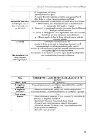 Manual de bune practici de predare și învățare prin intermediul Muzicii
99
o Video proiector, difuzoare
o Instrument muzical: pian
o Versurile diferitelor cântece scrise într-un document Word
o Fişe de lucru cu lista elementelor din meniul Start
Descrierea activității:
metodologia, ceea ce
face profesorul, ceea
ce fac elevii
Prezentarea elementelor de bază într-un document Word prin melodii
Ø Demonstrarea folosirii editării textului cu fundal muzical
Ø Conversația individuală și cu clasa
Ø Descoperirea ghidată a elementelor din meniul Start în Microsoft
Word prin melodii muzicale
Ø Lucrul ȋn echipe pentru a face o prezentare a unui text editat ȋn
funcţie de sarcinile şi ȋn cadrul muzical stabilit
Ø Editarea textelor în funcție de cerințele din cadrul setărilor
muzicale adaptate
Evaluare Observarea sistematică a elevilor
Asocierea de piese muzicale și elemente de document word
Aprecierea orală a rezultatelor editării textului elevilor
Niveluri de realizare în ceea ce privește sarcinile de editare a textului
Cunoașterea opțiunilor din meniul Start
Completarea fişelor de lucru cu sarcini legate de elementele predate
Documentaţie (link
către fotografii,
videoclipuri etc.).
http://musicislifelonglearning.weebly.com/
∗ ∗ ∗
Titlu INTERNET ȘI MĂSURI DE SIGURANȚĂ LA LOCUL DE
MUNCĂ
Vârsta / nivel 13 ani / gimnazial
Competențe
principale
Cunoașterea unor norme specifice de siguranță în sfera socială și
legislativă
Competențe
secundare
Identificarea elementelor specifice ale sistemelor informatice
Utilizarea eficientă a sistemelor informatice în condiții de siguranță
Timp necesar 2 ore
Resurse o Lista măsurilor de securitate la locul de muncă și a normelor de
prevenire și stingere a incendiilor
o Instrumente muzicale: pian, vioară, flaut, chitară
o Versurile unui cântec rap despre măsurile de siguranță
o Site-uri de internet: flocabulary.com (siguranța Internetului)
o Rețea școlară de computere
o Proiector video, difuzoare
Descrierea activității:
metodologia, ceea ce
face profesorul, ceea
ce fac elevii
Prezentarea măsurilor de siguranță la locul de muncă și a normelor de
prevenire și stingere a incendiilor în cadrul muzical
Ascultarea unor cântece de rap pe internet și selectarea măsurilor de
siguranță menționate
Asocierea măsurilor de siguranță cu ritmuri și versuri rap
Demonstrarea diferitelor acțiuni descrise pe internet folosind un
 