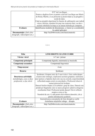 Manual de bune practici de predare și învățare prin intermediul Muzicii
102
Nº5 de Lou Bega).
Pentru a deghiza Zowi și pentru a deveni Lou Bega sau María
de Ricky Martin, ei au proiectat și pictat măști și au pregătit o
scenă de dans.
Când au pregătit algoritmul în funcție de șabloanele care indică
viteza, direcția, numărul de pași sau expresia feței, au dat o
acțiune robotului în timp ce au lansat melodia pe computer.
Evaluare Identificarea modului de direcţionare, a vitezei şi a coordonării
ȋn cadrul aplicaţiei
Documentaţie: (link către
fotografii, videoclipuri etc.).
http://ka2646wixsite.com/musicmatestic
∗ ∗ ∗
Titlu LINII DREPTE SI LINII CURBE
Vârsta / nivel 6-7 ani / primar
Competențe principale Competență digitală, matematică și muzicală.
Competențe secundare Competență lingvistică
Timp necesar 4 ore
Resurse Șezătoare
Descrierea activității:
metodologia, ceea ce face
profesorul, ce fac elevii
Șezătoare: Grupuri mici de 5 sau 6 elevi. Este vorba despre
crearea unei strategii, explicarea acesteia grupului, realizarea
unei ipoteze a faptului dacă este sau nu corectă, experimentând,
reflectând asupra erorii și corectând-o. Profesorul observă
numai procesul de învățare.
Dansul liniilor drepte și al curbelor: grup de clase. Dansul este
predat pe fragmente care se unesc progresiv până la atingerea
rezultatului final. Profesorul preda dansul. Elevii reflectă
asupra a ceea ce fac.
Numărul de ore: 4, atât pentru dezvoltarea dansului, cât și
pentru introducerea şezătorii.
Evaluare
Internalizarea conceptului de linie dreaptă şi curbă
Asimilarea mişcărilor stȃnga – dreapta
Documentaţie: (link către
fotografii, videoclipuri etc.).
http://ka2646wixsite.com/musicmatestic
 