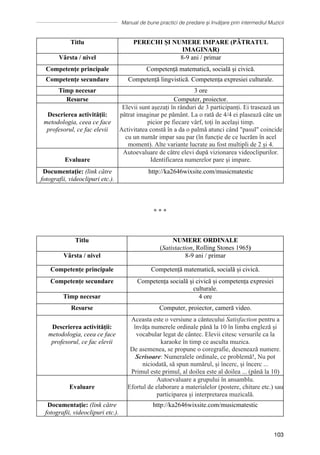 Manual de bune practici de predare și învățare prin intermediul Muzicii
103
Titlu PERECHI ȘI NUMERE IMPARE (PĂTRATUL
IMAGINAR)
Vârsta / nivel 8-9 ani / primar
Competențe principale Competență matematică, socială și civică.
Competențe secundare Competență lingvistică. Competența expresiei culturale.
Timp necesar 3 ore
Resurse Computer, proiector.
Descrierea activității:
metodologia, ceea ce face
profesorul, ce fac elevii
Elevii sunt așezați în rânduri de 3 participanți. Ei trasează un
pătrat imaginar pe pământ. La o rată de 4/4 ei plasează câte un
picior pe fiecare vârf, toți în același timp.
Activitatea constă în a da o palmă atunci când pasul coincide
cu un număr impar sau par (în funcție de ce lucrăm în acel
moment). Alte variante lucrate au fost multipli de 2 și 4.
Evaluare
Autoevaluare de către elevi după vizionarea videoclipurilor.
Identificarea numerelor pare şi impare.
Documentaţie: (link către
fotografii, videoclipuri etc.).
http://ka2646wixsite.com/musicmatestic
∗ ∗ ∗
Titlu NUMERE ORDINALE
(Satistaction, Rolling Stones 1965)
Vârsta / nivel 8-9 ani / primar
Competențe principale Competență matematică, socială și civică.
Competențe secundare Competența socială și civică și competența expresiei
culturale.
Timp necesar 4 ore
Resurse Computer, proiector, cameră video.
Descrierea activității:
metodologia, ceea ce face
profesorul, ce fac elevii
Aceasta este o versiune a cântecului Satisfaction pentru a
învăța numerele ordinale până la 10 în limba engleză și
vocabular legat de cântec. Elevii citesc versurile ca la
karaoke în timp ce asculta muzica.
De asemenea, se propune o coregrafie, desenează numere.
Scrisoare: Numeralele ordinale, ce problemă!, Nu pot
niciodată, să spun numărul, și încerc, și încerc ...
Primul este primul, al doilea este al doilea ... (până la 10)
Evaluare
Autoevaluare a grupului în ansamblu.
Efortul de elaborare a materialelor (postere, chitare etc.) sau
participarea și interpretarea muzicală.
Documentaţie: (link către
fotografii, videoclipuri etc.).
http://ka2646wixsite.com/musicmatestic
 