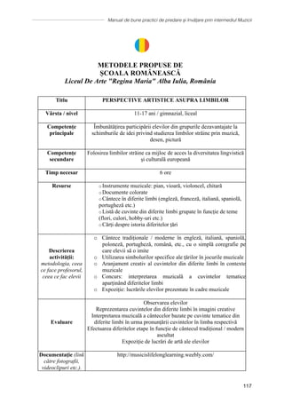 Manual de bune practici de predare și învățare prin intermediul Muzicii
117
METODELE PROPUSE DE
ȘCOALA ROMÂNEASCĂ
Liceul De Arte Regina Maria Alba Iulia, România
Titlu PERSPECTIVE ARTISTICE ASUPRA LIMBILOR
Vârsta / nivel 11-17 ani / gimnazial, liceal
Competențe
principale
Îmbunătățirea participării elevilor din grupurile dezavantajate la
schimburile de idei privind studierea limbilor străine prin muzică,
desen, pictură
Competențe
secundare
Folosirea limbilor străine ca mijloc de acces la diversitatea lingvistică
și culturală europeană
Timp necesar 6 ore
Resurse o Instrumente muzicale: pian, vioară, violoncel, chitară
o Documente colorate
o Cântece în diferite limbi (engleză, franceză, italiană, spaniolă,
portugheză etc.)
o Listă de cuvinte din diferite limbi grupate în funcție de teme
(flori, culori, hobby-uri etc.)
o Cărți despre istoria diferitelor țări
Descrierea
activității:
metodologia, ceea
ce face profesorul,
ceea ce fac elevii
o Cântece tradiționale / moderne în engleză, italiană, spaniolă,
poloneză, portugheză, română, etc., cu o simplă coregrafie pe
care elevii să o imite
o Utilizarea simbolurilor specifice ale țărilor în jocurile muzicale
o Aranjament creativ al cuvintelor din diferite limbi în contexte
muzicale
o Concurs: interpretarea muzicală a cuvintelor tematice
aparținând diferitelor limbi
o Expoziție: lucrările elevilor prezentate ȋn cadre muzicale
Evaluare
Observarea elevilor
Reprezentarea cuvintelor din diferite limbi în imagini creative
Interpretarea muzicală a cântecelor bazate pe cuvinte tematice din
diferite limbi în urma pronunțării cuvintelor în limba respectivă
Efectuarea diferitelor etape în funcție de cântecul tradițional / modern
ascultat
Expoziție de lucrări de artă ale elevilor
Documentaţie (link
către fotografii,
videoclipuri etc.).
http://musicislifelonglearning.weebly.com/
METODELE PROPUSE DE
ȘCOALA ROMÂNEASCĂ
Liceul De Arte Regina Maria Alba Iulia, România
Titlu PERSPECTIVE ARTISTICE ASUPRA LIMBILOR
Vârsta / nivel 11-17 ani / gimnazial, liceal
Competențe
principale
Îmbunătățirea participării elevilor din grupurile dezavantajate la
schimburile de idei privind studierea limbilor străine prin muzică,
desen, pictură
Competențe
secundare
Folosirea limbilor străine ca mijloc de acces la diversitatea lingvistică
și culturală europeană
Timp necesar 6 ore
Resurse o Instrumente muzicale: pian, vioară, violoncel, chitară
o Documente colorate
o Cântece în diferite limbi (engleză, franceză, italiană, spaniolă,
portugheză etc.)
o Listă de cuvinte din diferite limbi grupate în funcție de teme
(flori, culori, hobby-uri etc.)
o Cărți despre istoria diferitelor țări
Descrierea
activității:
metodologia, ceea
ce face profesorul,
ceea ce fac elevii
o Cântece tradiționale / moderne în engleză, italiană, spaniolă,
poloneză, portugheză, română, etc., cu o simplă coregrafie pe
care elevii să o imite
o Utilizarea simbolurilor specifice ale țărilor în jocurile muzicale
o Aranjament creativ al cuvintelor din diferite limbi în contexte
muzicale
o Concurs: interpretarea muzicală a cuvintelor tematice
aparținând diferitelor limbi
o Expoziție: lucrările elevilor prezentate ȋn cadre muzicale
Evaluare
Observarea elevilor
Reprezentarea cuvintelor din diferite limbi în imagini creative
Interpretarea muzicală a cântecelor bazate pe cuvinte tematice din
diferite limbi în urma pronunțării cuvintelor în limba respectivă
Efectuarea diferitelor etape în funcție de cântecul tradițional / modern
ascultat
Expoziție de lucrări de artă ale elevilor
Documentaţie (link
către fotografii,
videoclipuri etc.).
http://musicislifelonglearning.weebly.com/
 
