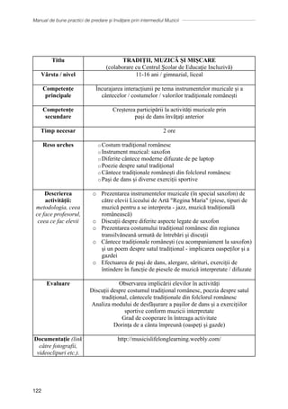 Manual de bune practici de predare și învățare prin intermediul Muzicii
122
Titlu TRADIȚII, MUZICĂ ŞI MIȘCARE
(colaborare cu Centrul Şcolar de Educaţie Incluzivă)
Vârsta / nivel 11-16 ani / gimnazial, liceal
Competențe
principale
Încurajarea interacțiunii pe tema instrumentelor muzicale și a
cântecelor / costumelor / valorilor tradiționale românești
Competențe
secundare
Creșterea participării la activități muzicale prin
pași de dans ȋnvăţaţi anterior
Timp necesar 2 ore
Reso urches o Costum tradiţional românesc
o Instrument muzical: saxofon
o Diferite cântece moderne difuzate de pe laptop
o Poezie despre satul tradițional
o Cântece tradiționale românești din folclorul românesc
o Pași de dans și diverse exerciții sportive
Descrierea
activității:
metodologia, ceea
ce face profesorul,
ceea ce fac elevii
o Prezentarea instrumentelor muzicale (în special saxofon) de
către elevii Liceului de Artă Regina Maria (piese, tipuri de
muzică pentru a se interpreta - jazz, muzică tradițională
românească)
o Discuții despre diferite aspecte legate de saxofon
o Prezentarea costumului tradițional românesc din regiunea
transilvăneană urmată de întrebări și discuții
o Cântece tradiționale românești (cu acompaniament la saxofon)
și un poem despre satul tradițional - implicarea oaspeților și a
gazdei
o Efectuarea de pași de dans, alergare, sărituri, exerciții de
întindere în funcție de piesele de muzică interpretate / difuzate
Evaluare Observarea implicării elevilor în activități
Discuții despre costumul tradițional românesc, poezia despre satul
tradițional, cântecele tradiționale din folclorul românesc
Analiza modului de desfășurare a pașilor de dans și a exercițiilor
sportive conform muzicii interpretate
Grad de cooperare în întreaga activitate
Dorința de a cânta împreună (oaspeți și gazde)
Documentaţie (link
către fotografii,
videoclipuri etc.).
http://musicislifelonglearning.weebly.com/
 