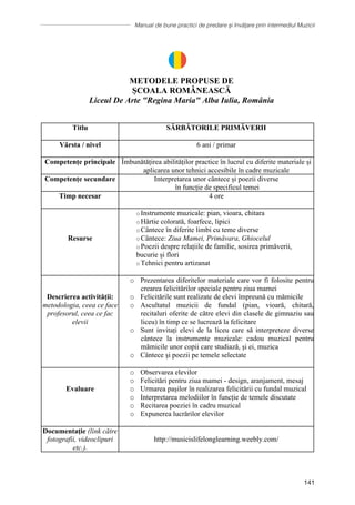 Manual de bune practici de predare și învățare prin intermediul Muzicii
141
METODELE PROPUSE DE
ȘCOALA ROMÂNEASCĂ
Liceul De Arte Regina Maria Alba Iulia, Romȃnia
Titlu SĂRBĂTORILE PRIMĂVERII
Vârsta / nivel 6 ani / primar
Competențe principale Îmbunătățirea abilităților practice în lucrul cu diferite materiale și
aplicarea unor tehnici accesibile în cadre muzicale
Competențe secundare Interpretarea unor cȃntece și poezii diverse
în funcție de specificul temei
Timp necesar 4 ore
Resurse
o Instrumente muzicale: pian, vioara, chitara
o Hârtie colorată, foarfece, lipici
o Cântece în diferite limbi cu teme diverse
o Cântece: Ziua Mamei, Primăvara, Ghiocelul
o Poezii despre relațiile de familie, sosirea primăverii,
bucurie și flori
o Tehnici pentru artizanat
Descrierea activității:
metodologia, ceea ce face
profesorul, ceea ce fac
elevii
o Prezentarea diferitelor materiale care vor fi folosite pentru
crearea felicitărilor speciale pentru ziua mamei
o Felicitările sunt realizate de elevi împreună cu mămicile
o Ascultatul muzicii de fundal (pian, vioară, chitară,
recitaluri oferite de către elevi din clasele de gimnaziu sau
liceu) în timp ce se lucrează la felicitare
o Sunt invitați elevi de la liceu care să interpreteze diverse
cântece la instrumente muzicale: cadou muzical pentru
mămicile unor copii care studiază, și ei, muzica
o Cântece și poezii pe temele selectate
Evaluare
o Observarea elevilor
o Felicitări pentru ziua mamei - design, aranjament, mesaj
o Urmarea pașilor în realizarea felicitării cu fundal muzical
o Interpretarea melodiilor în funcție de temele discutate
o Recitarea poeziei în cadru muzical
o Expunerea lucrărilor elevilor
Documentaţie (link către
fotografii, videoclipuri
etc.).
http://musicislifelonglearning.weebly.com/
 