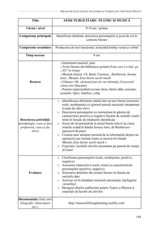 Manual de bune practici de predare și învățare prin intermediul Muzicii
143
Titlu AFIŞE PUBLICITARE: TEATRU ŞI MUZICĂ
Vârsta / nivel 9-10 ani / primar
Competențe principale Identificare detaliată, descrierea personajului și jocul de rol în
contexte literare
Competențe secundare Producerea de text funcțional, incluzȃnd limbaj vizual și verbal
Timp necesar 4 ore
Resurse
o Instrument muzical: pian
o Texte literare din biblioteca școlară (Fata care l-a luat pe
„NU în brațe)
o Muzică clasică: J.S. Bach, Cantatas , Beethoven, Sonata
lunii , Mozart, Eine kleine nacht muzik
o Cântece: Oh, sărmanul pui de cuc (tristețe), Concursul
cȃntecelor (bucurie)
o Postere reprezentând cuvinte cheie, hârtie albă, creioane,
acuarele, lipici, foarfece, colaj
Descrierea activității:
metodologia, ceea ce face
profesorul, ceea ce fac
elevii
o Identificarea diferitelor detalii într-un text literar (caractere
reale, neobișnuite) cu ajutorul piesele muzicale interpretate
la pian de către elevi
o Descrierea personajelor cu instrucțiuni în găsirea de
caracteristici pozitive și negative însoțite de melodii vesele /
triste în funcție de trăsăturile identificate
o Jocuri de rol pornind de la textul literar (elevii își citesc
rolurile având în fundal Sonata lunii, de Beethoven -
spectacol de pian)
o Crearea unor anunțuri pornind de la informațiile despre un
spectacol care include teatru și muzică (în fundal
Mozart, Eine kleine nacht muzik )
o Expoziție: lucrările elevilor prezentate pe panoul de creație
al clasei
Evaluare
o Clasificarea personajelor (reale, neobișnuite, pozitive,
negative)
o Asocierea cântecelor (vesele, triste) cu caracteristicile
personajelor (pozitive, negative)
o Selectarea detaliilor din textele literare în funcție de
sarcinile date
o Jocul pe rol în fundaluri muzicale (pronunția, înțelegerea
versurilor)
o Designul afişelor publicitare pentru Teatru și Muzică și
expoziție de lucrări ale elevilor
Documentaţie (link către
fotografii, videoclipuri
etc.).
http://musicislifelonglearning.weebly.com/
 