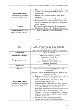 Manual de bune practici de predare și învățare prin intermediul Muzicii
153
Descrierea activității:
metodologia, ceea ce face
profesorul, ce fac elevii
o Elevii descoperă ce este imnul căutând informații pe
internet și ascultând o parte din Simfonia a 9-a a lui
Beethoveen.
o Familiarizarea cu Imnul Bucuriei, imnul țărilor
europene.
o Ascultarea imnului proiectului: Ca o floare mică
o Căutarea versurilor pentru imnul proiectului, elevii
dorind să desemneze cele cinci țări ale programului
nostru Erasmus.
Evaluare Înţelegerea mesajului unui imn prin descoperirea
specificului imnurilor din cele 5 ţări partenere ȋn proiect
Documentaţie (link către
fotografii, videoclipuri etc.).
http://ka2646wixsite.com/musictolearn
∗ ∗ ∗
Titlu LIKE A LITTLE FLOWER (IMUL ERASMUS+)
(înregistrarea videoclipului)
(cu o parte ȋn engleză, alta în Spaniolă și cu gesturi)
Vârsta / nivel 8 – 9 ani / primar
Competențe principale Conștientizare și expresii culturale
Competențe sociale și civice
Competențe secundare Competență lingvistică
Spirit de inițiativă și spirit antreprenorial
Competență matematică
Timp necesar 5 ore
Resurse Calculatoare, proiector, camera pe tabletă pentru
înregistrare.
YouTube, Pinterest pentru a găsi informații despre gesturi,
producători de filme
Descrierea activității:
metodologia, ceea ce face
profesorul, ce fac elevii
o Pe parcursul mai multor zile, versurile sunt testate în
engleză și spaniolă cu demo-ul care este postat pe
discul „music to learn ...”(de obicei, la ora 9
dimineața, când intră în școală).
o Se urmăresc nişte videoclipuri care indică gesturile
scrisorii compuse anterior în limba spaniolă. Se
investighează limbajul semnelor. Toți elevii
participă și împărtășesc rezultatele cercetării într-un
grup mare (cine l-a inventat și când, ce este ...?)
o Mai mulți elevi ȋnvață restul clasei câteva gesturi pe
care le-au învățat ei și am ajuns la concluzia că este
un limbaj foarte intuitiv.
o Un grup de elevi se angajează să rămână la
adăposturi și să învețe versurile cântecului în
 