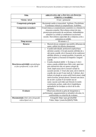 Manual de bune practici de predare și învățare prin intermediul Muzicii
157
Titlu ABILITATEA DE A ȊNVĂȚA SĂ ȊNVEŢI:
SĂRITUL COARDEI
Vârsta / nivel 14 ani / gimnazial
Competențe principale Rezistență cardio și musculară. Agilitate. Flexibilitate.
Coordonare ritmică și conștientizare. Echilibru.
Competențe secundare Creativitatea și conștientizarea sunetelor și a ritmului în
mișcarea corpului. Dezvoltarea stimei de sine,
promovarea procesului de socializare, îmbunătățirea
relațiilor cu ceilalți și combaterea excluziunii
sociale. Dezvoltarea capacității de a relaționa și de a
comunica cu ceilalți.
Timp necesar 90 minute x 2
Resurse o Muzică (de pe computer sau mobil), difuzoare de
sunet, cabluri de diferite dimensiuni.
Descrierea activității: metodologia,
ce face profesorul, ce fac elevii
o Coardă individuală: profesorul explică baza
săritului coardei; îi învață anumite abilități de a
sări peste coardă; elevii încearcă să își exploreze
abilități diferite și variații posibile; în perechi, se
ajută reciproc și încearcă să împartă o singură
coardă.
o Coarda olandeză dublă: 1- În timp ce 2 elevi
rotesc coarda celălalt trece fără a sări; apoi trec
prin săritură de câte ori spune colegul de
clasă; după aceea elevii creează variații la
această sarcină; 2- Unul câte unul, elevii intră în
coardă, dar nu pot fi mai mult de 2 sărituri, deci
trebuie să aleagă un semn astfel încât atunci când
intră al treilea, primul pleacă. Semnul este decis
de un elev și poate fi un număr sau un
sunet. (aceste activități sunt folosite în multe
evenimente școlare, unde elevii împărtășesc
aptitudinile lor învățate cu elevii de la alte
niveluri)
Evaluare Observarea directă și grila de înregistrare a
performanței, angajamentului și atitudinii elevului, în
conformitate cu criteriile de evaluare.
Documentație (link către fotografii,
videoclipuri etc.).
Fotografii: https://goo.gl/eJmZDd
Video: https://youtu.be/jQ6Zfy7Stbk
 