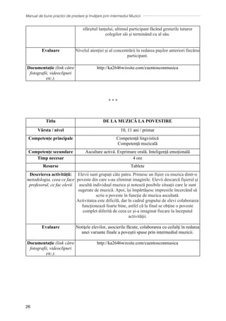 Manual de bune practici de predare și învățare prin intermediul Muzicii
26
sfârșitul lanțului, ultimul participant făcând gesturile tuturor
colegilor săi și terminând cu al său.
Evaluare Nivelul atenţiei şi al concentrării ȋn redarea paşilor anteriori fiecărui
participant.
Documentație (link către
fotografii, videoclipuri
etc.).
http://ka2646wixsite.com/cuentosconmusica
∗ ∗ ∗
Titlu DE LA MUZICĂ LA POVESTIRE
Vârsta / nivel 10, 11 ani / primar
Competențe principale Competență lingvistică
Competență muzicală
Competențe secundare Ascultare activă. Exprimare orală. Inteligenţă emoţională
Timp necesar 4 ore
Resurse Tablete
Descrierea activității:
metodologia, ceea ce face
profesorul, ce fac elevii
Elevii sunt grupați câte patru. Primesc un fişier cu muzica dintr-o
poveste din care s-au eliminat imaginile. Elevii descarcă fişierul şi
ascultă individual muzica şi notează posibile situaţii care le sunt
sugerate de muzică. Apoi, ȋşi ȋmpărtăşesc impresiile ȋncercȃnd să
scrie o poveste în funcție de muzica ascultată.
Activitatea este dificilă, dar ȋn cadrul grupului de elevi colaborarea
funcţionează foarte bine, astfel că la final se obţine o poveste
complet diferită de ceea ce şi-a imaginat fiecare la ȋnceputul
activităţii.
Evaluare Notiţele elevilor, asocierile făcute, colaborarea cu ceilalţi ȋn redarea
unei variante finale a poveştii spuse prin intermediul muzicii.
Documentație (link către
fotografii, videoclipuri
etc.).
http://ka2646wixsite.com/cuentosconmusica
 