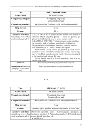 Manual de bune practici de predare și învățare prin intermediul Muzicii
27
Titlu „BARTOLO BARTOLO”
Vârsta / nivel 11, 12 ani / primar
Competențe principale Competență lingvistică
Competență muzicală
Competențe secundare Ascultare activă. Exprimare orală. Inteligenţă emoţională
Timp necesar 3 ore
Resurse Elevi
Descrierea activității:
metodologia, ceea ce face
profesorul, ce fac elevii
1. RITM MUZICAL cu numele nostru: într-un cerc trebuie să
urmărim ritmul (degetele palmei – bătut cu palmele pe
picioare) și să fim atenți când se spune numele nostru.
2. BARTOLO-BARTOLO: Toţi participanţii sunt aranjaţi ȋntr-
un cerc astfel ȋncȃt primul este preşedintele, al doilea este
vicepreşedintele, al treilea este secretarul, iar restul elevilor
sunt numerotaţi de la 1 pȃnă la ultimul participant.
Pentru ritmul a două lovituri pe genunchi și două lovituri
normale se spune primul tău număr și apoi numele persoanei pe
care o vrei. Dacă această persoană pierde ritmul sau nu aude că
a fost numit, el va fi ultimul din grup.
Scopul jocului este de a deveni președinte. Este setat un
anumit timp de joc.
Evaluare Nivelul de concentrare şi coordonare al elevilor.
Documentație (link către
fotografii, videoclipuri
etc.).
http://ka2646wixsite.com/cuentosconmusica
∗ ∗ ∗
Titlu SPUNE-MI UN BASM
Vârsta / nivel 11, 12 ani / primar
Competențe principale Competență lingvistică
Competență muzicală
Competențe secundare Ascultare activă. Exprimare orală. Inteligenţă emoţională
Timp necesar 4 ore
Resurse Computer, piesa spaniolă Cuéntame un cuento (Celtas Cortos)
Descrierea activității:
metodologia, ceea ce face
profesorul, ce fac elevii
Obiectivele activităţii sunt: 1.Recunoașterea emoțiilor; 2.
Exprimarea emoțiilor; 3. Accentul cuvântului; 4. Diferențele dintre
poveste, fabulă, legenda și mit.
Se ascultă piesa:
 