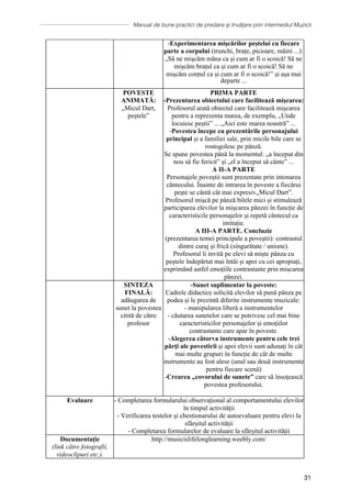 Manual de bune practici de predare și învățare prin intermediul Muzicii
31
Orff:
„Să încercăm să adăugăm sunet mișcării noastre. Să
ascultăm sunetul pe care Mario îl face! Să încercăm
să facem ca Mario!” Se procedează la fel cu
propunerile celorlalţi elevi.
-Experimentarea mișcărilor peștelui cu fiecare
parte a corpului (trunchi, brațe, picioare, mâini ...):
„Să ne mișcăm mâna ca și cum ar fi o scoică! Să ne
mișcăm brațul ca și cum ar fi o scoică! Să ne
mișcăm corpul ca și cum ar fi o scoică!” și așa mai
departe ...
POVESTE
ANIMATĂ:
„Micul Dart,
peștele”
PRIMA PARTE
-Prezentarea obiectului care facilitează mișcarea:
Profesorul arată obiectul care facilitează mișcarea
pentru a reprezenta marea, de exemplu, „Unde
locuiesc peștii” ... „Aici este marea noastră” ...
-Povestea începe cu prezentările personajului
principal și a familiei sale, prin micile bile care se
rostogolesc pe pânză.
Se spune povestea până la momentul: „a început din
nou să fie fericit” și „el a început să cânte” ...
A II-A PARTE
Personajele poveştii sunt prezentate prin intonarea
cântecului. Ȋnainte de intrarea ȋn poveste a fiecărui
peşte se cȃntă cȃt mai expresiv„Micul Dart”.
Profesorul mișcă pe pânză bilele mici și stimulează
participarea elevilor la mişcarea pȃnzei în funcție de
caracteristicile personajelor și repetă cȃntecul ca
imitație.
A III-A PARTE. Concluzie
(prezentarea temei principale a poveştii): contrastul
dintre curaj și frică (singurătate / uniune).
Profesorul îi invită pe elevi să miște pânza cu
peștele îndepărtat mai întâi și apoi cu cei apropiați,
exprimând astfel emoțiile contrastante prin mișcarea
pânzei.
SINTEZA
FINALĂ:
adăugarea de
sunet la povestea
citită de către
profesor
-Sunet suplimentar la poveste:
Cadrele didactice solicită elevilor să pună pânza pe
podea și le prezintă diferite instrumente muzicale:
- manipularea liberă a instrumentelor
- căutarea sunetelor care se potrivesc cel mai bine
caracteristicilor personajelor și emoţiilor
contrastante care apar în poveste.
-Alegerea câtorva instrumente pentru cele trei
părţi ale povestirii și apoi elevii sunt adunați în cât
mai multe grupuri în funcție de cât de multe
instrumente au fost alese (unul sau două instrumente
pentru fiecare scenă)
-Crearea „covorului de sunete” care să însoțească
povestea profesorului.
Evaluare - Completarea formularului observațional al comportamentului elevilor
în timpul activității
- Verificarea testelor și chestionarului de autoevaluare pentru elevi la
sfârșitul activității
- Completarea formularelor de evaluare la sfârșitul activității
Documentație
(link către fotografii,
videoclipuri etc.).
http://musicislifelonglearning.weebly.com/
 