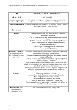 Manual de bune practici de predare și învățare prin intermediul Muzicii
38
Titlu CE (MAI) MȂNCĂM? (LIMBA ENGLEZĂ)
Vârsta / nivel 13 ani / gimnazial
Competențe principale Ȋmbogăţirea vocabularului legat de alimentație prin muzică
Competențe secundare Conștientizarea unor aspecte fonetice ale anumitor cuvinte / expresii
lingvistice prin muzicalitate lingvistică
Timp necesar 4 ore
Resurse o Instrumente muzicale: pian, fluier, maracas, tamburină,
instrumente de percuție
o Fişe cu gustări aranjate pe o scară muzicală pentru pronunția
ritmică
o Partituri muzicale pentru melodia compusă de profesorii de
muzică pentru gradele de comparaţie ale adjectivelor
(comparativ / superlativ)
o Poze cu gustări; reclame pentru diverse alimente
o Fise cu sarcini legate de text
Descrierea activității:
metodologia, ceea ce
face profesorul, ceea ce
fac elevii
Discutarea alimentelor consumate de elevi ȋn general şi explicarea
anumitor efecte ale hranei asupra corpului
Pronunția ritmică a vocabularului folosind o tamburină și maracas
(shake-uri Rumba)
Cȃntarea unor melodii scurte însoțite de fluier și pian cu adjective
pentru a completa o diagramă
Alegerea sensului exprimat de un set de fraze (opinii/păreri, fapte
efective) prin asocierea unor secvenţe muzicale scurte (pian, fluier) cu
cele două variante: opinie, fapt ȋncheiat
Cântarea unor cȃntece incluzȃnd adjective la gradul comparativ și la
superlativ. Adjectivele cȃntate sunt apoi incluse in exerciţii.
Evaluare Observarea sistematică a elevilor
Asociații ȋntre muzicalitatea cuvintelor și semnificația lor
Analiza adjectivelor utilizate în reclame
Distingerea faptelor și opiniilor prin cântări
Crearea de noi structuri ritmice pentru alte cuvinte
Completarea adjectivelor la comparativ / superlativ prin referire la
melodiile muzicale interpretate
Documentație (link
către fotografii,
videoclipuri etc.).
http://musicislifelonglearning.weebly.com/
 