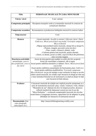 Manual de bune practici de predare și învățare prin intermediul Muzicii
39
Titlu PERSONAJE MUZICALE ȊN ŢARA MINUNILOR
Vârsta / nivel 8 ani / primar
Competențe principale Receparea mesajelor orale și a termenilor muzicali în contexte de
comunicare familiare
Competențe secundare Recunoașterea și producerea limbajului muzical în contexte ludice
Timp necesar 6 ore
Resurse o Jocuri muzicale: Ascultă cu atenție!, Ghiceşte cheia!, Darts,
Cald-rece, Micul șoricel fură caşcavalul, Veverițele campioane,
Mica orchestră
o Păpuși reprezentȃnd notele muzicale, căsuţa Sol și căsuţa Fa
o Postere, imagini, povestiri scrise de elevi
o Pian, vioară, violoncel, chitară, violă
o Cartoane pentru note muzicale, pentru alteraţii
o Zaruri, cu durate, jocuri cu table, caşcaval făcut din polistiren,
mici veverițe magnet
Descrierea activității:
metodologia, ceea ce
face profesorul, ceea ce
fac elevii
Jocuri de descoperire prin audiție cu ochii elevilor acoperiți
Jocuri de consolidare a tastaturii, alb și negru
Jocuri pentru stabilirea duratelor și odihnei: Darts, Micul șoricel fură
caşcavalul
Jocuri pentru stabilirea cunoștințelor de bază pentru pian: Cald-rece
Jocuri pentru stabilirea modificărilor: Veverițele campioane
Mica Orchestră: un joc de imitație a unei orchestre în timp ce un elev
cântă o piesă muzicală, iar ceilalți copii încearcă să atingă un ritm sau
o linie melodică folosind un alt instrument și având un dirijor în față
care încearcă să bată măsura.
Evaluare Concursuri muzicale de echipă care implică jocurile menționate și o
serie de instrumente muzicale: pian, vioară, violoncel, viola, chitară
Monedele de aur obţinute de elevi în timpul jocurilor, deoarece
reflectă numărul de răspunsuri corecte pe care le-au dat
Mica Orchestra  - evaluează competențele muzicale ale elevilor,
creativitatea și imaginația acestora, capacitatea lor de adaptare la grup,
abilitățile lor interactive în domeniul muzical
Documentație (link
către fotografii,
videoclipuri etc.).
http://musicislifelonglearning.weebly.com/
 