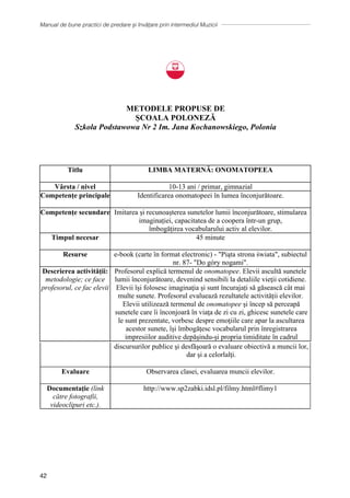 Manual de bune practici de predare și învățare prin intermediul Muzicii
42
metodologia, ce face
profesorul, ce fac elevii
rimează. Într-un grup, elevii creează gesturi și prezintă limbajul
colegilor lor. În următoarele sesiuni elevii explorează cuvintele de
pe tabla interactivă și separă cuvintele ȋn silabe. Folosind bătăi sau
instrumente, elevii numără silabele cuvintelor. Apoi, cântecele
copiilor sunt explorate și elevii folosesc limbajul corpului și vocea.
Evaluare Grilă de observație și observare directă.
Performanța elevilor în munca individuală și în grup.
Completarea unui formular de autoevaluare de către elevi.
Grilă înregistrată a angajamentului și atitudinii elevului în
interpretarea cântecelor copiilor și a limbajului și vocii corpului.
Documentație (link către
fotografii, videoclipuri
etc.).
Fotografii: https://goo.gl/eJmZDd
∗ ∗ ∗
Titlu LIMBA MATERNĂ: ONOMATOPEEA
Vârsta / nivel 10-13 ani / primar, gimnazial
Competențe principale Identificarea onomatopeei în lumea înconjurătoare.
Competențe secundare Imitarea și recunoașterea sunetelor lumii înconjurătoare, stimularea
imaginației, capacitatea de a coopera într-un grup,
îmbogățirea vocabularului activ al elevilor.
Timpul necesar 45 minute
Resurse e-book (carte ȋn format electronic) - Piąta strona świata, subiectul
nr. 87- Do góry nogami.
Descrierea activității:
metodologie; ce face
profesorul, ce fac elevii
Profesorul explică termenul de onomatopee. Elevii ascultă sunetele
lumii înconjurătoare, devenind sensibili la detaliile vieţii cotidiene.
Elevii își folosesc imaginaţia şi sunt încurajați să găsească cât mai
multe sunete. Profesorul evaluează rezultatele activității elevilor.
Elevii utilizează termenul de onomatopee şi încep să perceapă
sunetele care îi înconjoară în viaţa de zi cu zi, ghicesc sunetele care
le sunt prezentate, vorbesc despre emoţiile care apar la ascultarea
acestor sunete, își îmbogățesc vocabularul prin înregistrarea
impresiilor auditive depăşindu-şi propria timiditate în cadrul
discursurilor publice şi desfăşoară o evaluare obiectivă a muncii lor,
dar şi a celorlalţi.
Evaluare Observarea clasei, evaluarea muncii elevilor.
Documentație (link
către fotografii,
videoclipuri etc.).
http://www.sp2zabki.idsl.pl/filmy.html#flimy1
∗ ∗ ∗
Titlu LIMBA MATERNĂ: EXERCIȚII DE DICȚIE
Vârsta / nivel 10-13 ani / primar, gimnazial
Competențe principale Cântarea piesei poetice aparţinȃnd lui Małgorzata Strzałkowska,
METODELE PROPUSE DE
ȘCOALA POLONEZĂ
Szkola Podstawowa Nr 2 Im. Jana Kochanowskiego, Polonia
Titlu LIMBA MATERNĂ: VOCABULAR TEMATIC: IARNA.
SIGURANȚA ÎN TIMPUL SĂRBĂTORILOR DE IARNĂ.
Vârsta / nivel 8 ani / primar
Competențe principale Identificarea influenţei muzicii asupra minţii, a concentrării, a
ȋmbogăţirii vocabularului şi a perceperii limbii poloneze.
Modelarea obiceiurilor legate de siguranţa personală ȋn timpul
jocurilor de iarnă
Competențe secundare Recunoaşterea cuvintelor legate de iarnă (sunete, imagini, acţiuni
etc.)
Colaborarea ȋn cadrul grupului, ascultarea activă, ȋmbunătăţirea
siguranţei personale prin participarea la jocuri muzicale.
Timpul necesar 2 ore
Resurse - efecte sonore - sunete de iarnă- https://ucze.pl/zasob/efekty-
dzwiekowe-mrozny-wiatr-skrzypienie-sniegu-dzwonki-san-
jazda-na-nartach/?segment=163cycle=2141
- CD-ul de muzică al lui Vivaldi, seria Four Seasons - Winter sau
https://www.youtube.com/watch?v=TjhbQDfI0rg
- melodia lui Saint-Saens din seria carnavalului animal - Swan -
https://www.youtube.com/watch?v=nMGQ-EkyM9I
- o melodie Zimowa wyliczanka - CD
sau https://www.youtube.com/watch?v=tG1yxLLUNBY
Descrierea activității:
metodologie; ce face
profesorul, ce fac elevii
Profesorul formulează și discută comenzile, îi ajută pe elevi aducȃnd
muzica potrivită.
Elevii reproduc sunete specifice iernii, ascultă cu atenţie şi ȋncearcă
să ghicească sunete propuse de alţi colegi. Ȋn cadrul grupului scriu
cuvinte pe care le asociază cu iarna. Grupul care notează cele mai
multe cuvinte este cȃştigător.
Elevii mimează mişcări ale unui patinator şi improvizează un dans
pe gheaţă. Apoi cȃntă un cȃntec despre sporturile de iarnă folosindu-
se şi de dansul improvizat.
Evaluare Lista de cuvinte asociate cu iarna ascultȃnd Vivaldi, Winter
Interpretarea mişcărilor de patinaj cu atenţie sporită privind
siguranţa personală
Reprezentaţia cȃntecului de iarnă cu paşi de dans care să le menţină
siguranţa ȋn timpul jocului
Documentație (link către
fotografii, videoclipuri
etc.).
http://www.sp2zabki.idsl.pl/filmy.html#flimy1
Fotografii: http://www.sp2zabki.idsl.pl/zdjecia.html#z1
 