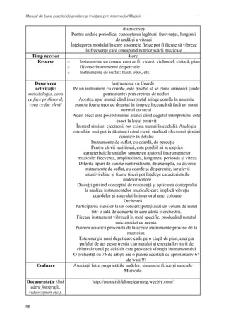 Manual de bune practici de predare și învățare prin intermediul Muzicii
56
distructive)
Pentru undele periodice, cunoașterea legăturii frecvenței, lungimii
de undă și a vitezei
Înțelegerea modului în care sistemele fizice pot fi făcute să vibreze
în frecvențe care corespund notelor scării muzicale
Timp necesar 4 ore
Resurse o Instrumente cu coarde cum ar fi: vioară, violoncel, chitară, pian
o Diverse instrumente de percuție
o Instrumente de suflat: flaut, oboi, etc.
Descrierea
activității:
metodologia, ceea
ce face profesorul,
ceea ce fac elevii
Instrumente cu Coarde
Pe un instrument cu coarde, este posibil să se cânte armonici (unde
permanente) prin crearea de noduri
Acestea apar atunci când interpretul atinge coarda în anumite
puncte foarte ușor cu degetul în timp ce încearcă să facă un sunet
normal cu arcul
Acest efect este posibil numai atunci când degetul interpretului este
exact la locul potrivit
În mod similar, electronii pot exista numai în cochilii. Analogia
este chiar mai potrivită atunci când elevii studiază electronii și stări
cuantice în detaliu
Instrumente de suflat, cu coardă, de percuție
Pentru elevii mai tineri, este posibil să se explice
caracteristicile undelor sonore cu ajutorul instrumentelor
muzicale: frecvența, amplitudinea, lungimea, perioada și viteza
Diferite tipuri de sunete sunt realizate, de exemplu, cu diverse
instrumente de suflat, cu coarde și de percuție, iar elevii
intuitivi chiar și foarte tineri pot înțelege caracteristicile
undelor sonore
Discuții privind conceptul de rezonanță și aplicarea conceptului
la analiza instrumentelor muzicale care implică vibrația
coardelor și a aerului în interiorul unei coloane
Orchestră
Participarea elevilor la un concert: puteți auzi un volum de sunet
într-o sală de concerte în care cântă o orchestră.
Fiecare instrument vibrează în mod specific, producând sunetul
unic asociat cu acesta.
Puterea acustică provenită de la aceste instrumente provine de la
muzician.
Este energia unui deget care cade pe o clapă de pian, energia
pufului de aer peste trestia clarinetului și energia loviturii de
chimvale unul pe celălalt care provoacă vibrația instrumentului
O orchestră cu 75 de artiști are o putere acustică de aproximativ 67
de wați !!!
Evaluare Asociații între proprietățile undelor, sistemele fizice și sunetele
Muzicale
Documentaţie (link
către fotografii,
videoclipuri etc.).
http://musicislifelonglearning.weebly.com/
 