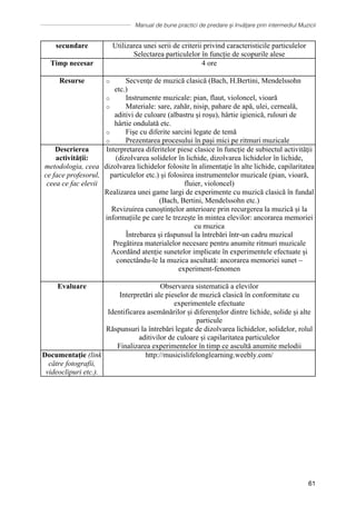 Manual de bune practici de predare și învățare prin intermediul Muzicii
61
secundare Utilizarea unei serii de criterii privind caracteristicile particulelor
Selectarea particulelor în funcție de scopurile alese
Timp necesar 4 ore
Resurse o Secvenţe de muzică clasică (Bach, H.Bertini, Mendelssohn
etc.)
o Instrumente muzicale: pian, flaut, violoncel, vioară
o Materiale: sare, zahăr, nisip, pahare de apă, ulei, cerneală,
aditivi de culoare (albastru și roșu), hârtie igienică, rulouri de
hârtie ondulată etc.
o Fişe cu diferite sarcini legate de temă
o Prezentarea procesului în pași mici pe ritmuri muzicale
Descrierea
activității:
metodologia, ceea
ce face profesorul,
ceea ce fac elevii
Interpretarea diferitelor piese clasice ȋn funcţie de subiectul activităţii
(dizolvarea solidelor ȋn lichide, dizolvarea lichidelor ȋn lichide,
dizolvarea lichidelor folosite ȋn alimentaţie ȋn alte lichide, capilaritatea
particulelor etc.) şi folosirea instrumentelor muzicale (pian, vioară,
fluier, violoncel)
Realizarea unei game largi de experimente cu muzică clasică în fundal
(Bach, Bertini, Mendelssohn etc.)
Revizuirea cunoștințelor anterioare prin recurgerea la muzică și la
informațiile pe care le trezește în mintea elevilor: ancorarea memoriei
cu muzica
Întrebarea și răspunsul la întrebări într-un cadru muzical
Pregătirea materialelor necesare pentru anumite ritmuri muzicale
Acordând atenție sunetelor implicate în experimentele efectuate și
conectându-le la muzica ascultată: ancorarea memoriei sunet –
experiment-fenomen
Evaluare Observarea sistematică a elevilor
Interpretări ale pieselor de muzică clasică în conformitate cu
experimentele efectuate
Identificarea asemănărilor și diferențelor dintre lichide, solide și alte
particule
Răspunsuri la întrebări legate de dizolvarea lichidelor, solidelor, rolul
aditivilor de culoare și capilaritatea particulelor
Finalizarea experimentelor în timp ce ascultă anumite melodii
Documentaţie (link
către fotografii,
videoclipuri etc.).
http://musicislifelonglearning.weebly.com/
 