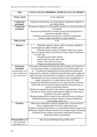 Manual de bune practici de predare și învățare prin intermediul Muzicii
64
Titlu CUM SA-TI FACI PROPRIUL SLIME ȘI VULCAN CHIMIC?
Vârsta / nivel 13 ani / gimnaziu
Competențe
principale
Explorarea fenomenelor și a proprietăților substanțelor întâlnite în
activitatea zilnică
Competențe
secundare
Interpretarea datelor și a informațiilor obținute în cursul procesului de
investigație
Rezolvarea problemelor în situații concrete folosind algoritmi și
instrumente specifice chimiei
Evaluarea consecințelor proceselor și efectelor substanțelor
chimice asupra individului și asupra mediului
Timp necesar 4 ore
Resurse • Materiale sediment: adeziv, aditiv de culoare, spumă de
ras, detergent de spălare lichidă, sclipici
• Materiale vulcan: argila de modelare (aditivi de culoare,
apa, ulei vegetal, făină, sare), borcane, boluri, linguri, bicarbonat
de sodiu, oţet
• Prezentarea proceselor chimice
• Instrumente muzicale: pian, flaut
• Cântec: Sunt chimistul amator
• Programul național pentru chimie
Descrierea
activității:
metodologia, ceea
ce face profesorul,
ceea ce fac elevii
Prezentarea procesului chimic pe care elevii trebuie să-l realizeze ca
un experiment similar cu videoclipurile pe YouTube despre cum
să...? (combinarea ingredientelor pentru obţinerea amestecului
chimic pentru sediment, combinarea ingredientelor pentru obţinerea
argilei de turnare folosite pentru construirea vulcanului, combinarea
ingredientelor care fac ca reacţia chimica să fie asemănătoare cu
erupţia vulcanului etc.) avȃnd muzică clasică în fundal
Crearea unei atmosfere muzicale în care experimentele să aibă loc
astfel încât elevii să asocieze liniștea pieselor muzicale alese cu
lucrul cu amestecuri chimice
Oferirea de asistență elevilor în dezvoltarea experimentelor chimice
efectuate de fiecare dintre ei prin sugestii simple sau observații și
încurajări în lucrul cu substanțe
Mișcarea treptată de la o etapă la alta, astfel încât elevii să observe
schimbările produse de reacțiile chimice, mișcare facilitată de
muzică (pian, fluier etc.)
Evaluare Observarea sistematică a mișcării treptate de la o fază chimică la
alta și a răspunsurilor elevilor în cadrul procesului
Pregătirea amestecurilor chimice și a substanțelor obținute (zgură, lut)
Realizarea reacțiilor chimice necesare (de exemplu erupția vulcanului)
Urmărirea fazelor chimice prezentate conducând la realizarea
produsului chimic experimentat
Documentaţie (link
către fotografii,
videoclipuri etc.).
http://musicislifelonglearning.weebly.com/
 