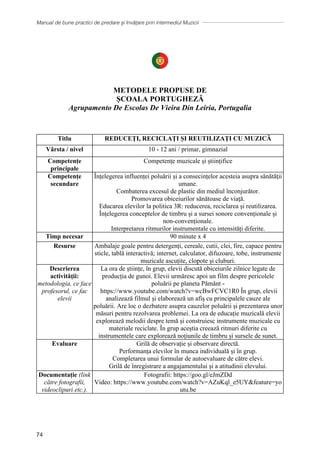 Manual de bune practici de predare și învățare prin intermediul Muzicii
74
METODELE PROPUSE DE
ȘCOALA PORTUGHEZĂ
Agrupamento De Escolas De Vieira Din Leiria, Portugalia
Titlu REDUCEȚI, RECICLAȚI ȘI REUTILIZAȚI CU MUZICĂ
Vârsta / nivel 10 - 12 ani / primar, gimnazial
Competențe
principale
Competențe muzicale și științifice
Competențe
secundare
Înțelegerea influenței poluării și a consecințelor acesteia asupra sănătății
umane.
Combaterea excesul de plastic din mediul înconjurător.
Promovarea obiceiurilor sănătoase de viaţă.
Educarea elevilor la politica 3R: reducerea, reciclarea și reutilizarea.
Înțelegerea conceptelor de timbru și a sursei sonore convenționale și
non-convenționale.
Interpretarea ritmurilor instrumentale cu intensități diferite.
Timp necesar 90 minute x 4
Resurse Ambalaje goale pentru detergenți, cereale, cutii, clei, fire, capace pentru
sticle, tablă interactivă; internet, calculator, difuzoare, tobe, instrumente
muzicale ascuțite, clopote și cluburi.
Descrierea
activității:
metodologia, ce face
profesorul, ce fac
elevii
La ora de științe, în grup, elevii discută obiceiurile zilnice legate de
producția de gunoi. Elevii urmăresc apoi un film despre pericolele
poluării pe planeta Pământ -
https://www.youtube.com/watch?v=wcBwFCVC1R0 În grup, elevii
analizează filmul și elaborează un afiș cu principalele cauze ale
poluării. Are loc o dezbatere asupra cauzelor poluării și prezentarea unor
măsuri pentru rezolvarea problemei. La ora de educație muzicală elevii
explorează melodii despre temă și construiesc instrumente muzicale cu
materiale reciclate. În grup aceștia creează ritmuri diferite cu
instrumentele care explorează noțiunile de timbru și sursele de sunet.
Evaluare Grilă de observație și observare directă.
Performanța elevilor în munca individuală și în grup.
Completarea unui formular de autoevaluare de către elevi.
Grilă de înregistrare a angajamentului și a atitudinii elevului.
Documentație (link
către fotografii,
videoclipuri etc.).
Fotografii: https://goo.gl/eJmZDd
Video: https://www.youtube.com/watch?v=AZuKql_e5UYfeature=yo
utu.be
 