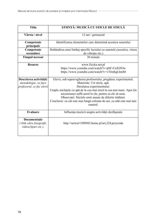 Manual de bune practici de predare și învățare prin intermediul Muzicii
78
Titlu ȘTIINȚĂ: MUZICĂ CU STICLE DE STICLĂ
Vârsta / nivel 12 ani / gimnazial
Competențe
principale
Identificarea elementelor care determină acustica sunetului
Competențe
secundare
Dobȃndirea unui limbaj specific lucrului cu sunetele (acustica, viteza
de vibraţie etc.)
Timpul necesar 30 minute
Resurse www.fizyka.net.pl
https://www.youtube.com/watch?v=pSF-CnXl5Ow
https://www.youtube.com/watch?v=vTJmhqLhtnM
Descrierea activității:
metodologie; ce face
profesorul, ce fac elevii
Elevii, sub supravegherea profesorului, pregătesc experimentul.
Materiale: 5-6 sticle, apă.
Derularea experimentului:
Umplu sticluțele cu apă de la cea mai mică la cea mai mare. Apoi (în
ascensiune) suflă aerul în ele, pentru ca ele să sune.
Observații: Sticlele emit sunete de diferite înălțimi.
Concluzie: cu cât este mai lungă coloana de aer, cu atât este mai tare
sunetul.
Evaluare Influenţa muzicii asupra activităţii desfăşurate
Documentație
( link către fotografii,
videoclipuri etc.).
http://serwer1508943.home.pl/art,224,przyroda
 
