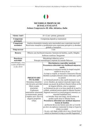 Manual de bune practici de predare și învățare prin intermediul Muzicii
87
METODELE PROPUSE DE
ȘCOALA ITALIANĂ
Istituto Comprensivo Di Alba Adriatica, Italia
Titlu MODELELE FORMALE ȘI STRUCTURI MUZICALE
Vârsta / leul l 10 -12 ani / primar, gimnazial
Competențe
principale
Competența digitală și matematică
Competențe
secundare
Analiza elementelor tematice prin intermediul unor experiențe muzicale
Rezolvarea situațiilor şi problemelor prin experiențe perceptive și abordare
globală a cunoașterii
Timp necesar 5 ore
Resurse Obiecte care facilitează mișcarea: bastoane de bambus, eșarfe, frânghie
Software reutilizat. Înregistrări
Descrierea
activității:
metodologia, ceea
ce face profesorul,
ce fac elevii
Metodologii didactice active
Principii metodologice inspirate de metoda Dalcroze
PREZENTARE/
ÎNCĂLZIRE
Stimularea intuițiilor
elevilor prin activități
libere și puțin
structurate.
-Explorarea
materialelor structurate
și nestructurale, pentru
a implica activ elevii în
alegerea propriilor
soluții.
Discriminarea expresiilor muzicale
Prezentarea obiectului care facilitează mișcarea:
eșarfa
-inspirarea și expirarea aerului în timpul mişcării
eșarfei în sus și în jos
- ȋn timp ce respiră, se trasează o traiectorie (fiecare
făcându-și propria direcție) atunci când aduc eșarfa
în cameră
-se formează perechi și duc eșarfa împreună, ca un
covor zburător, pe expresii muzicale improvizate
cântate sau jucate de profesor (frazele trebuie să fie
de lungimi diferite, clare și separate)
-se formează un cerc și se trece eșarfa de la unul la
celălalt, urmărind muzica pȃnă la sfârșitul fiecărui
fragment muzical ( se joacă progresii armonice cu
structură modulară fixă)
- se introduc fraze mai lungi: elevul trebuie să
predea eșarfa doar la sfârșitul frazei.
Prezentarea obiectului care mediază mișcarea:
baston de bambus
- profesorul dă un mic baston unui elev și îi invită
pe elevi să exploreze materialul în timp ce îl pun în
relație cu corpul
- ȋn cerc, unii după ceilalți elevii iau o formă fizică
statică cu bastonul în timp ce ascultă fragmentul
METODELE PROPUSE DE
ȘCOALA ITALIANĂ
Istituto Comprensivo Di Alba Adriatica, Italia
Titlu MODELELE FORMALE ȘI STRUCTURI MUZICALE
Vârsta / leul l 10 -12 ani / primar, gimnazial
Competențe
principale
Competența digitală și matematică
Competențe
secundare
Analiza elementelor tematice prin intermediul unor experiențe muzicale
Rezolvarea situațiilor şi problemelor prin experiențe perceptive și abordare
globală a cunoașterii
Timp necesar 5 ore
Resurse Obiecte care facilitează mișcarea: bastoane de bambus, eșarfe, frânghie
Software reutilizat. Înregistrări
Descrierea
activității:
metodologia, ceea
ce face profesorul,
ce fac elevii
Metodologii didactice active
Principii metodologice inspirate de metoda Dalcroze
PREZENTARE/
ÎNCĂLZIRE
Stimularea intuițiilor
elevilor prin activități
libere și puțin
structurate.
-Explorarea
materialelor structurate
și nestructurale, pentru
a implica activ elevii în
alegerea propriilor
soluții.
Discriminarea expresiilor muzicale
Prezentarea obiectului care facilitează mișcarea:
eșarfa
-inspirarea și expirarea aerului în timpul mişcării
eșarfei în sus și în jos
- ȋn timp ce respiră, se trasează o traiectorie (fiecare
făcându-și propria direcție) atunci când aduc eșarfa
în cameră
-se formează perechi și duc eșarfa împreună, ca un
covor zburător, pe expresii muzicale improvizate
cântate sau jucate de profesor (frazele trebuie să fie
de lungimi diferite, clare și separate)
-se formează un cerc și se trece eșarfa de la unul la
celălalt, urmărind muzica pȃnă la sfârșitul fiecărui
fragment muzical ( se joacă progresii armonice cu
structură modulară fixă)
- se introduc fraze mai lungi: elevul trebuie să
predea eșarfa doar la sfârșitul frazei.
Prezentarea obiectului care mediază mișcarea:
baston de bambus
- profesorul dă un mic baston unui elev și îi invită
pe elevi să exploreze materialul în timp ce îl pun în
relație cu corpul
- ȋn cerc, unii după ceilalți elevii iau o formă fizică
statică cu bastonul în timp ce ascultă fragmentul
 