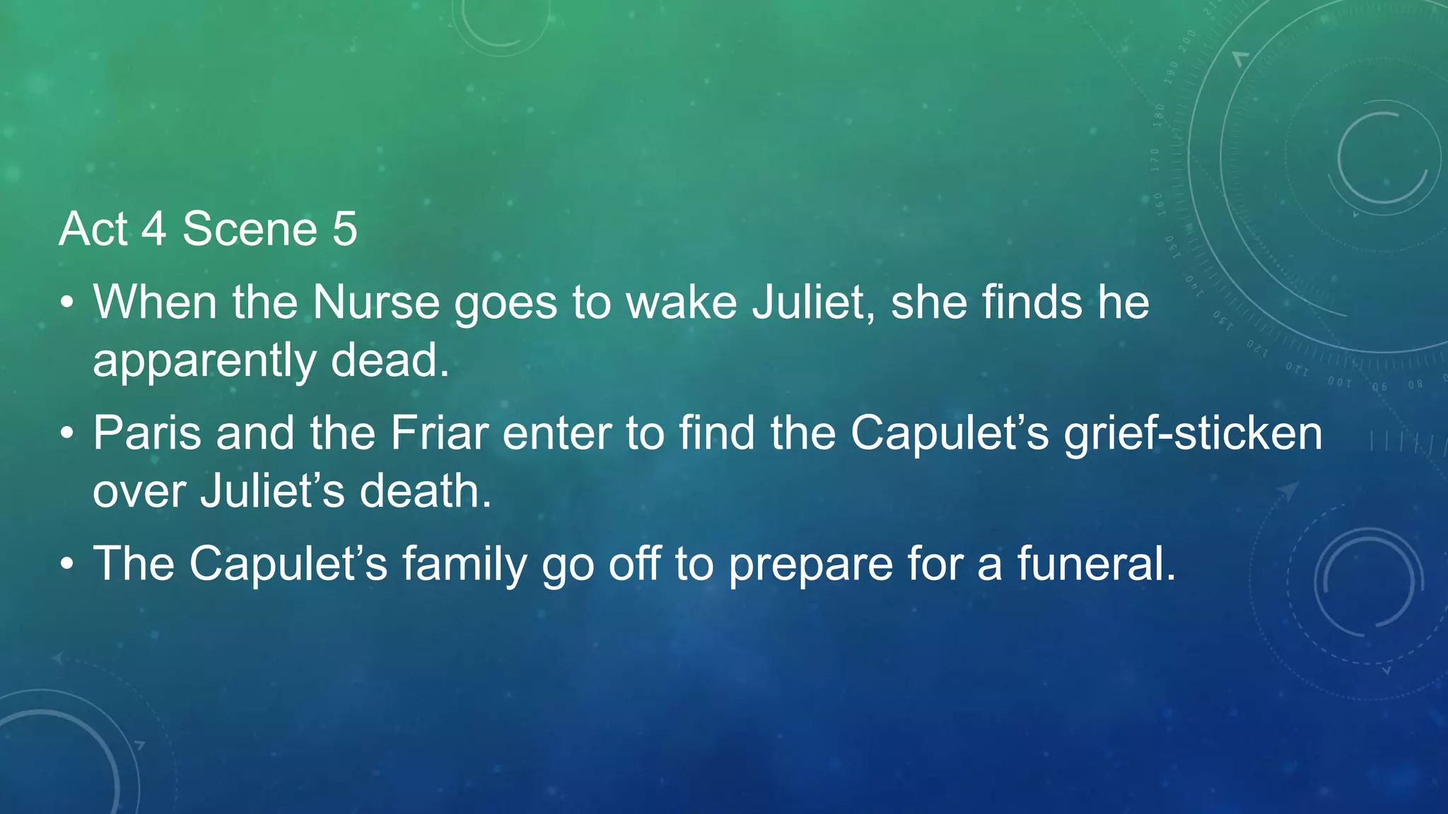 Act 4 Scene 5
• When the Nurse goes to wake Juliet, she finds he
apparently dead.
• Paris and the Friar enter to find the Capulet’s grief-sticken
over Juliet’s death.
• The Capulet’s family go off to prepare for a funeral.
 