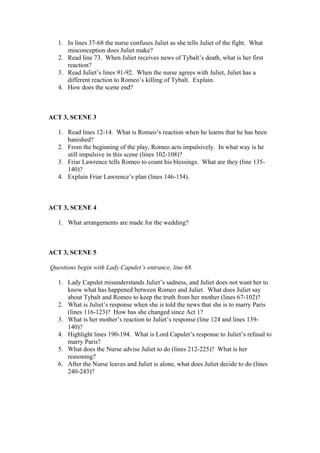 1. In lines 37-68 the nurse confuses Juliet as she tells Juliet of the fight. What
      misconception does Juliet make?
   2. Read line 73. When Juliet receives news of Tybalt’s death, what is her first
      reaction?
   3. Read Juliet’s lines 91-92. When the nurse agrees with Juliet, Juliet has a
      different reaction to Romeo’s killing of Tybalt. Explain.
   4. How does the scene end?



ACT 3, SCENE 3

   1. Read lines 12-14. What is Romeo’s reaction when he learns that he has been
      banished?
   2. From the beginning of the play, Romeo acts impulsively. In what way is he
      still impulsive in this scene (lines 102-108)?
   3. Friar Lawrence tells Romeo to count his blessings. What are they (line 135-
      140)?
   4. Explain Friar Lawrence’s plan (lines 146-154).



ACT 3, SCENE 4

   1. What arrangements are made for the wedding?



ACT 3, SCENE 5

Questions begin with Lady Capulet’s entrance, line 68.

   1. Lady Capulet misunderstands Juliet’s sadness, and Juliet does not want her to
      know what has happened between Romeo and Juliet. What does Juliet say
      about Tybalt and Romeo to keep the truth from her mother (lines 67-102)?
   2. What is Juliet’s response when she is told the news that she is to marry Paris
      (lines 116-123)? How has she changed since Act 1?
   3. What is her mother’s reaction to Juliet’s response (line 124 and lines 139-
      140)?
   4. Highlight lines 190-194. What is Lord Capulet’s response to Juliet’s refusal to
      marry Paris?
   5. What does the Nurse advise Juliet to do (lines 212-225)? What is her
      reasoning?
   6. After the Nurse leaves and Juliet is alone, what does Juliet decide to do (lines
      240-243)?
 