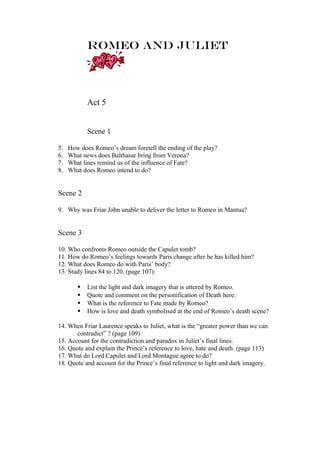 Romeo and Juliet




            Act 5


            Scene 1

5.   How does Romeo’s dream foretell the ending of the play?
6.   What news does Balthasar bring from Verona?
7.   What lines remind us of the influence of Fate?
8.   What does Romeo intend to do?


Scene 2

9. Why was Friar John unable to deliver the letter to Romeo in Mantua?


Scene 3

10. Who confronts Romeo outside the Capulet tomb?
11. How do Romeo’s feelings towards Paris change after he has killed him?
12. What does Romeo do with Paris’ body?
13. Study lines 84 to 120, (page 107):

           List the light and dark imagery that is uttered by Romeo.
           Quote and comment on the personification of Death here.
           What is the reference to Fate made by Romeo?
           How is love and death symbolised at the end of Romeo’s death scene?

14. When Friar Laurence speaks to Juliet, what is the “greater power than we can
       contradict” ? (page 109)
15. Account for the contradiction and paradox in Juliet’s final lines.
16. Quote and explain the Prince’s reference to love, hate and death. (page 113)
17. What do Lord Capulet and Lord Montague agree to do?
18. Quote and account for the Prince’s final reference to light and dark imagery.
 