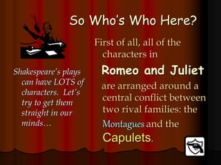 So Who’s Who Here?
Shakespeare’s plays
can have LOTS of
characters. Let’s
try to get them
straight in our
minds…
First of all, all of the
characters in
Romeo and Juliet
are arranged around a
central conflict between
two rival families: the
Montaguesand the
Capulets.
 