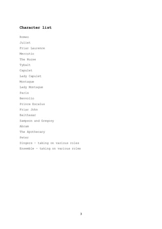 3
Character list
Romeo
Juliet
Friar Laurence
Mercutio
The Nurse
Tybalt
Capulet
Lady Capulet
Montague
Lady Montague
Paris
Benvolio
Prince Escalus
Friar John
Balthasar
Sampson and Gregory
Abram
The Apothecary
Peter
Singers – taking on various roles
Ensemble – taking on various roles
 