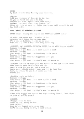 53
PARIS
My lord, I would that Thursday were to-morrow.
CAPULET
Well get you gone: o’ Thursday be it, then.
Go you to Juliet ere you go to bed,
Prepare her, wife, against this wedding-day.
Farewell, my lord. Light to my chamber, ho!
Afore me! It is so very very late, that we may call it early by and
by. Good night.
SONG ‘Happy’ by Pharrell Williams
PARIS sings. During the song we see ROMEO and JULIET in bed
It might seem crazy what I'm about to say
Sunshine she's here, you can take away
I'm a hot air balloon, I could go to space
With the air, like I don't care baby by the way
(CAPULET, LADY CAPULET, SERVANTS, NURSE join in with backing vocals)
Because I'm happy
Clap along if you feel like a room without a roof
Because I'm happy
Clap along if you feel like happiness is the truth
Because I'm happy
Clap along if you know what happiness is to you
Because I'm happy
Clap along if you feel like that's what you wanna do
(SINGERS and rest of company do the ‘yeahs’ at the end of each line)
Here come bad news talking this and that
Yeah, give me all you got, don't hold back
Yeah, well I should probably warn you I'll be just fine
Yeah, no offense to you don't waste your time
Here's why
(Backing vocals as before)
Because I'm happy
Clap along if you feel like a room without a roof
Because I'm happy
Clap along if you feel like happiness is the truth
Because I'm happy
Clap along if you know what happiness is to you
Because I'm happy
Clap along if you feel like that's what you wanna do
GIRLS sing ‘Happy’ and boys do the ‘ugh’ backing vocals, later layer
in lots of backing vocals
CAPULET:
(Happy), bring me down
Can't nothing, bring me down
LADY CAPULET:
Love is too (happy) to bring me down
Can't nothing, bring me down, I said nothing
 
